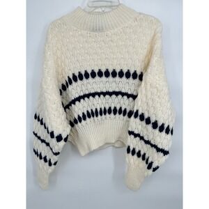 MIOU MUSE Cream Navy Geometric Fair Isle Mock Neck‎ Sweater Size M